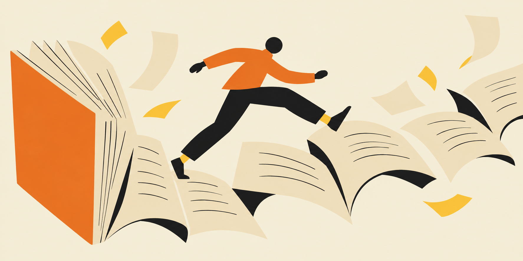 Illustrazione arancio: una figura attraversa le pagine di libri aperti